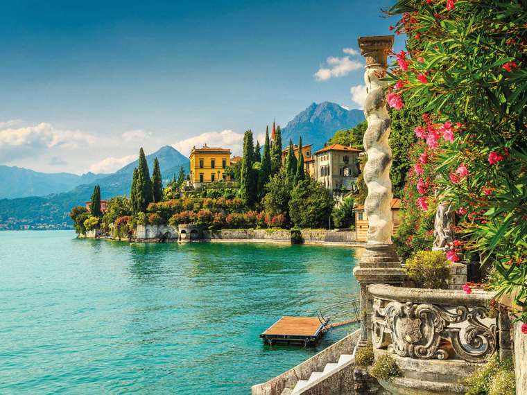 Oleander flowers and Villa Monastero, Lake Como, Italy