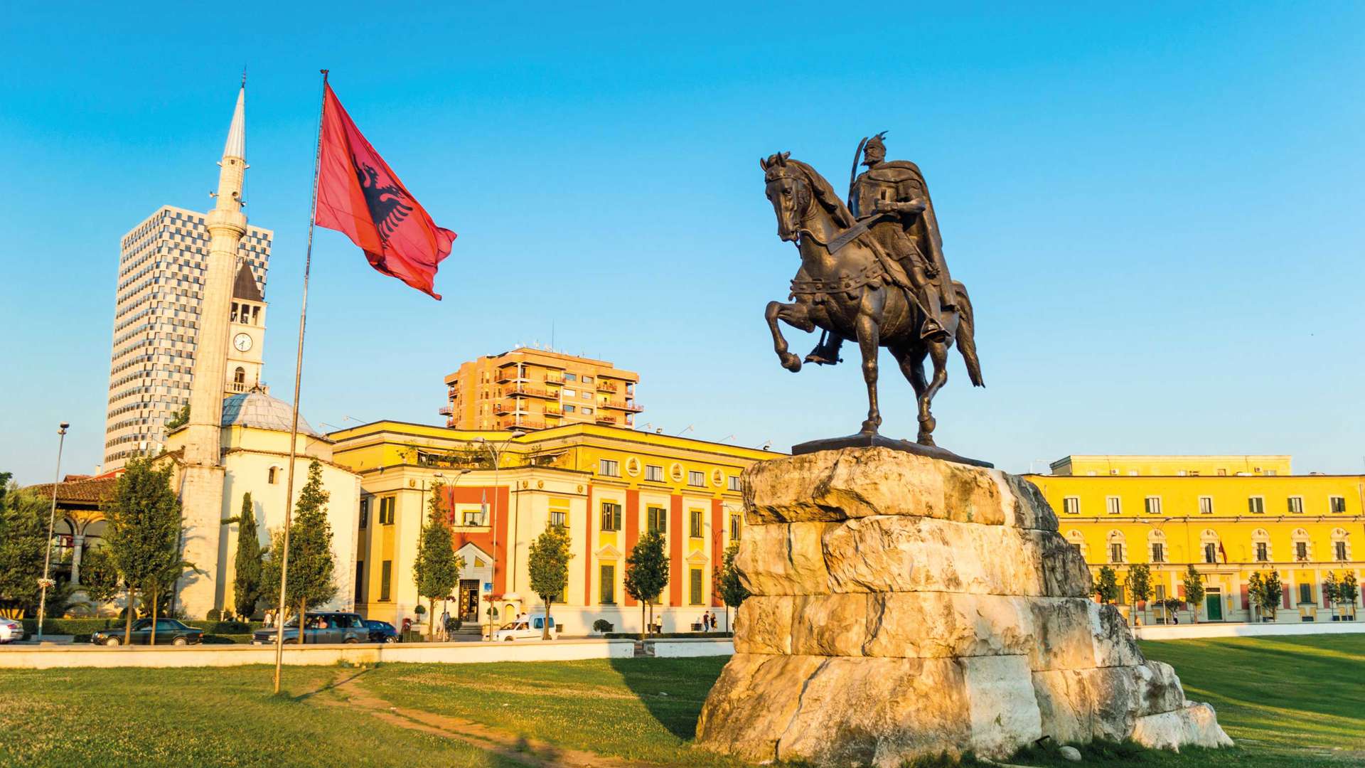 Skanderbeg Square Monument And The Et'hem Bey Mosque, Tirana, Albania
