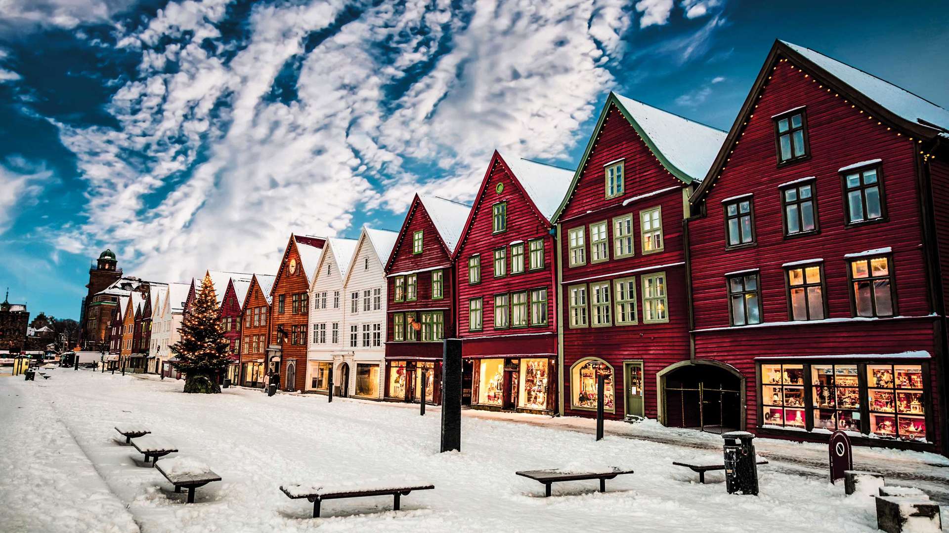 Famous Bryggen Street With Wooden Colored Houses In Bergen At Christmas, Norway