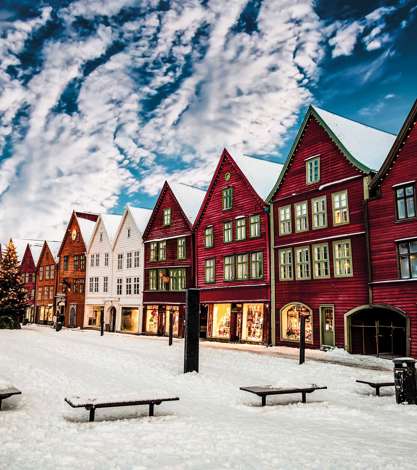 Famous Bryggen Street With Wooden Colored Houses In Bergen At Christmas, Norway